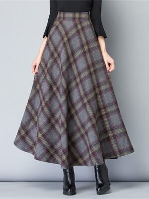 Elegant A-Line Plaid High Waist Maxi Skirt - Image 7