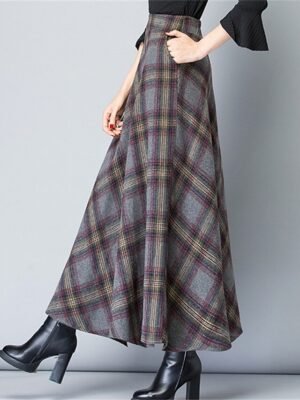 Elegant A-Line Plaid High Waist Maxi Skirt - Image 8