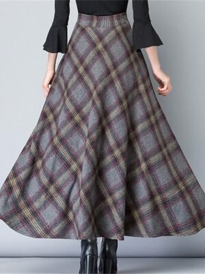 Elegant A-Line Plaid High Waist Maxi Skirt - Image 9