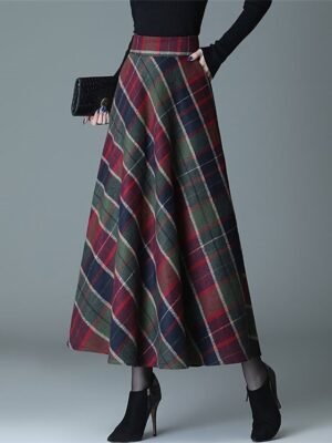 Elegant A Line Plaid Pocket Midi Skirt - Image 5