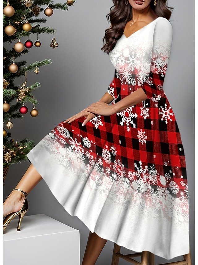 Elegant A-Line Plaid V Neck Three-Quarter Sleeve Knee-Length Dress - Image 1