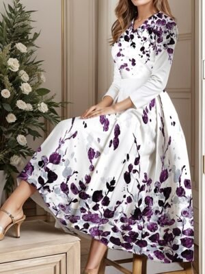 Elegant A-Line Plaid V Neck Three-Quarter Sleeve Knee-Length Dress - Image 8