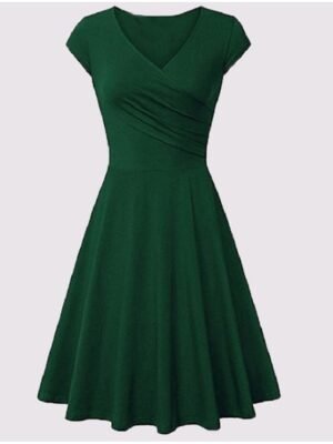 Elegant A Line Pure Colour V Neck Short Sleeve Mini Dress - Image 10