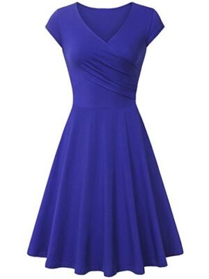 Elegant A Line Pure Colour V Neck Short Sleeve Mini Dress - Image 2