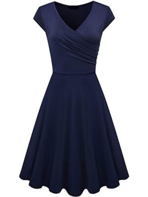 Elegant A Line Pure Colour V Neck Short Sleeve Mini Dress - Image 3