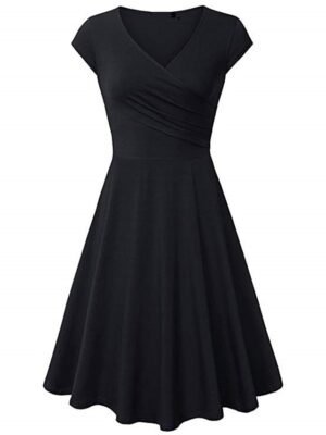Elegant A Line Pure Colour V Neck Short Sleeve Mini Dress - Image 4
