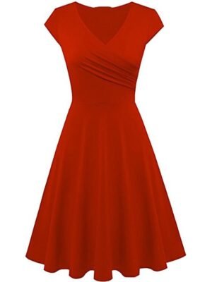 Elegant A Line Pure Colour V Neck Short Sleeve Mini Dress - Image 5