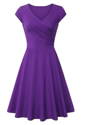 Elegant A Line Pure Colour V Neck Short Sleeve Mini Dress - Image 8