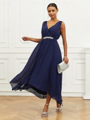 Elegant A Line Ruched V Neck Sleeveless Maxi Dress - Image 1