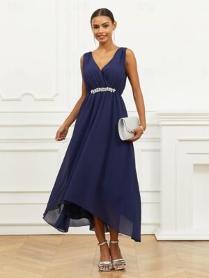 Elegant A Line Ruched V Neck Sleeveless Maxi Dress - Image 2