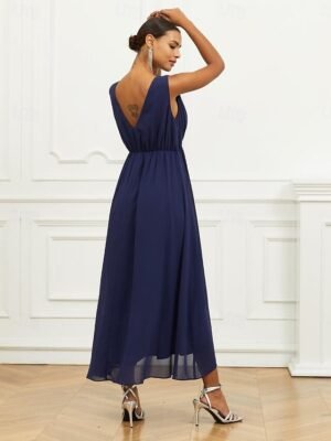 Elegant A Line Ruched V Neck Sleeveless Maxi Dress - Image 3