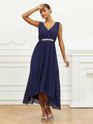 Elegant A Line Ruched V Neck Sleeveless Maxi Dress - Image 4