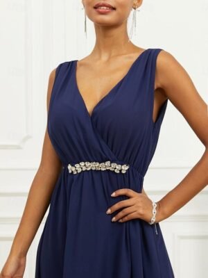 Elegant A Line Ruched V Neck Sleeveless Maxi Dress - Image 5