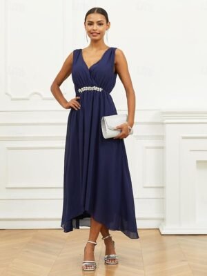 Elegant A Line Ruched V Neck Sleeveless Maxi Dress - Image 6
