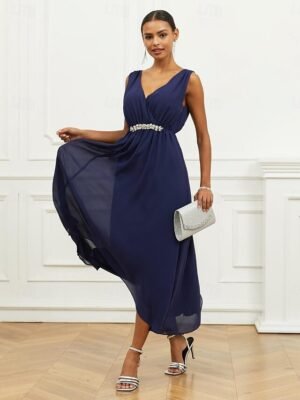 Elegant A Line Ruched V Neck Sleeveless Maxi Dress - Image 7