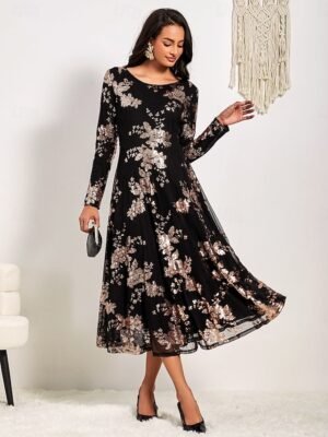 Elegant A-Line Sequin Floral Round Neck Long Sleeve Midi Dress - Image 1