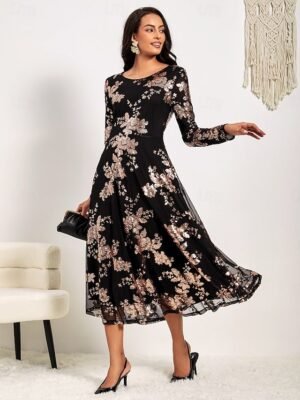 Elegant A-Line Sequin Floral Round Neck Long Sleeve Midi Dress - Image 2