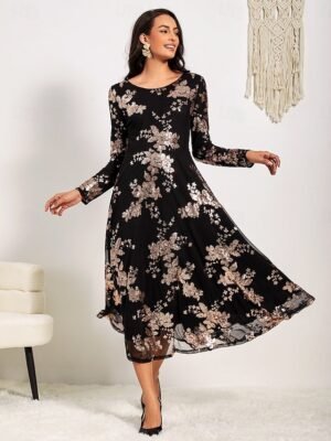 Elegant A-Line Sequin Floral Round Neck Long Sleeve Midi Dress - Image 3