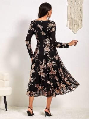 Elegant A-Line Sequin Floral Round Neck Long Sleeve Midi Dress - Image 4
