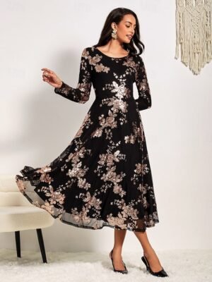 Elegant A-Line Sequin Floral Round Neck Long Sleeve Midi Dress - Image 5