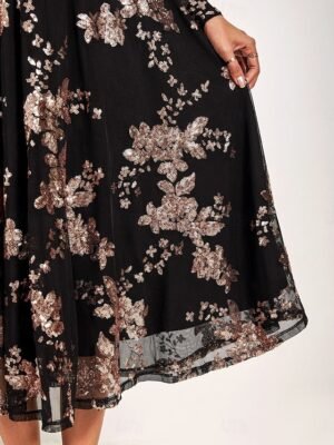 Elegant A-Line Sequin Floral Round Neck Long Sleeve Midi Dress - Image 6