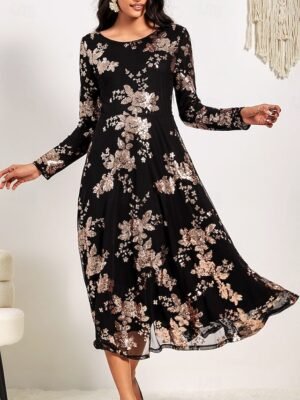 Elegant A-Line Sequin Floral Round Neck Long Sleeve Midi Dress - Image 7