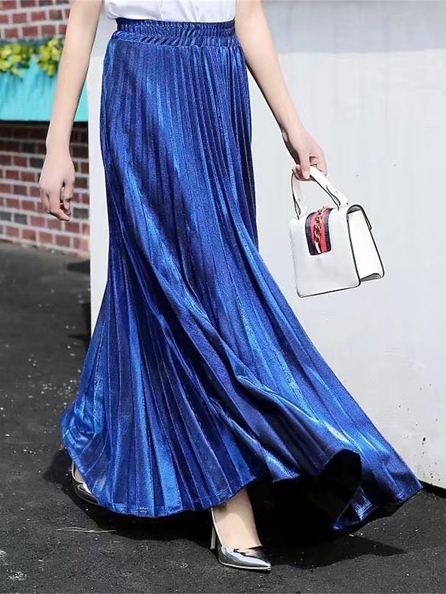Elegant A-Line Solid High Waist Pleated Maxi Skirt - Image 1