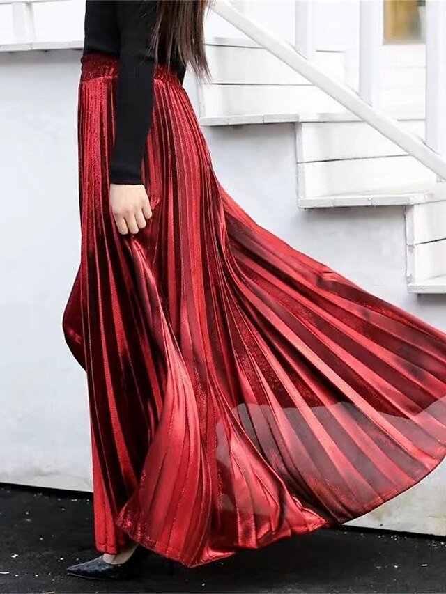 Elegant A-Line Solid High Waist Pleated Maxi Skirt - Image 2