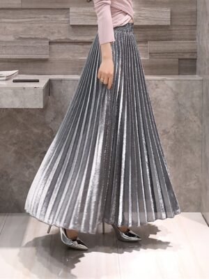 Elegant A-Line Solid High Waist Pleated Maxi Skirt - Image 3