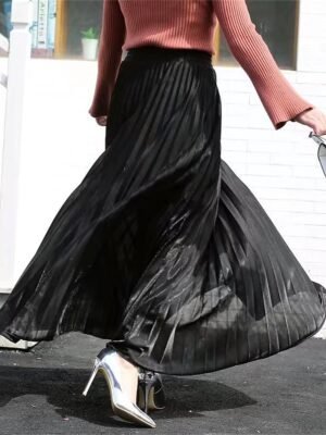 Elegant A-Line Solid High Waist Pleated Maxi Skirt - Image 4