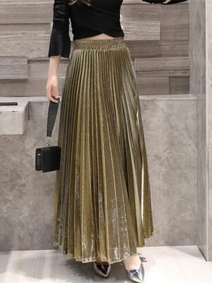 Elegant A-Line Solid High Waist Pleated Maxi Skirt - Image 5