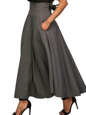 Elegant A-Line Solid High Waist Pleated Maxi Skirt - Image 5