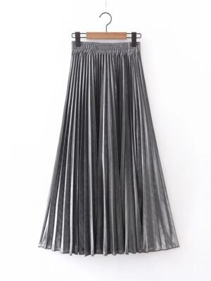 Elegant A-Line Solid High Waist Pleated Maxi Skirt - Image 6