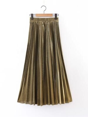 Elegant A-Line Solid High Waist Pleated Maxi Skirt - Image 7