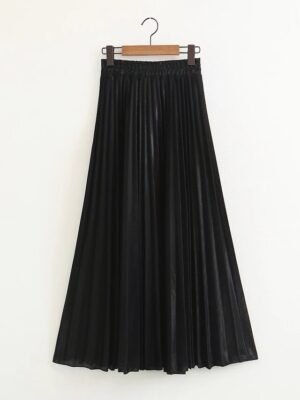 Elegant A-Line Solid High Waist Pleated Maxi Skirt - Image 9