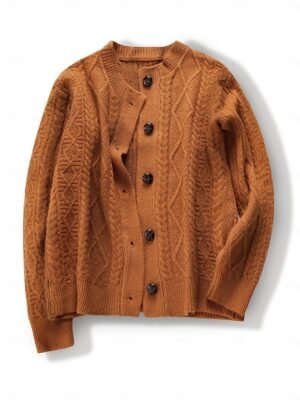 Elegant Aran Cable Knit Crew Neck Long Sleeve Cardigan - Image 1
