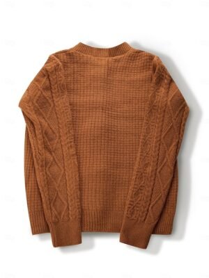 Elegant Aran Cable Knit Crew Neck Long Sleeve Cardigan - Image 2