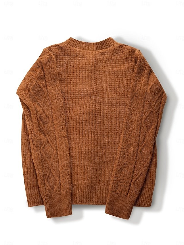 Elegant Aran Cable Knit Crew Neck Long Sleeve Cardigan - Image 2