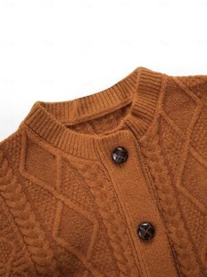 Elegant Aran Cable Knit Crew Neck Long Sleeve Cardigan - Image 3