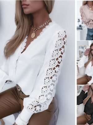 Elegant Basic Solid V Neck Long Sleeve Lace Blouse - Image 3