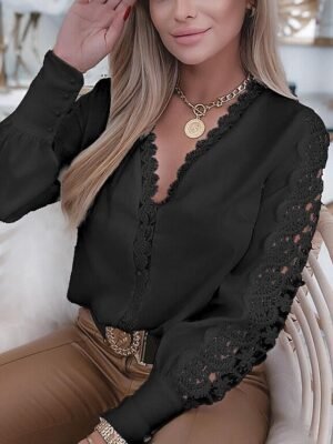Elegant Basic Solid V Neck Long Sleeve Lace Blouse - Image 4