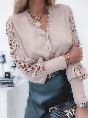 Elegant Basic Solid V Neck Long Sleeve Lace Blouse - Image 7