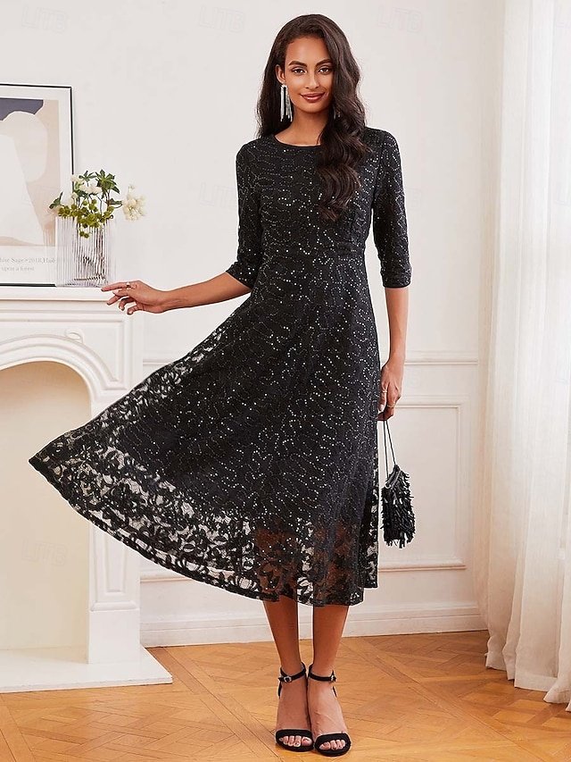 Elegant Black Sequin Crew Neck 3/4 Sleeve Midi Cocktail Dress - Image 1
