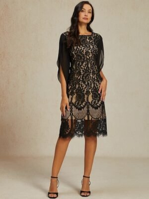 Elegant Black Sequin Crew Neck 3/4 Sleeve Midi Cocktail Dress - Image 14