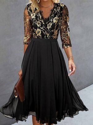 Elegant Black Sequin Crew Neck 3/4 Sleeve Midi Cocktail Dress - Image 19