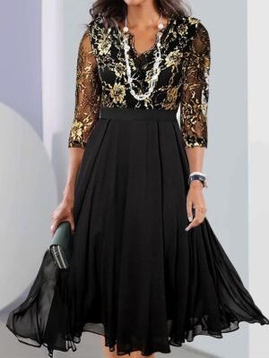 Elegant Black Sequin Crew Neck 3/4 Sleeve Midi Cocktail Dress - Image 20