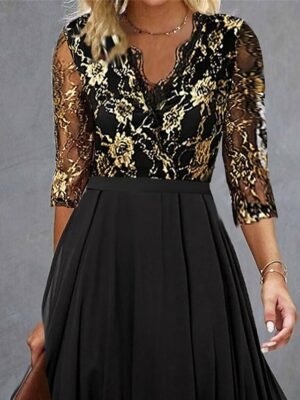 Elegant Black Sequin Crew Neck 3/4 Sleeve Midi Cocktail Dress - Image 21