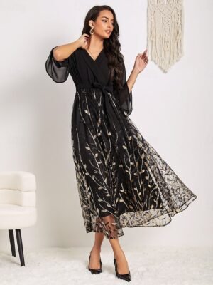 Elegant Black Sequin Crew Neck 3/4 Sleeve Midi Cocktail Dress - Image 28