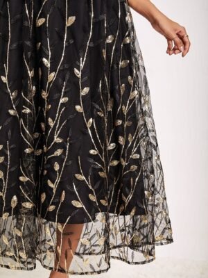 Elegant Black Sequin Crew Neck 3/4 Sleeve Midi Cocktail Dress - Image 29