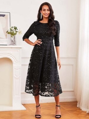 Elegant Black Sequin Crew Neck 3/4 Sleeve Midi Cocktail Dress - Image 3